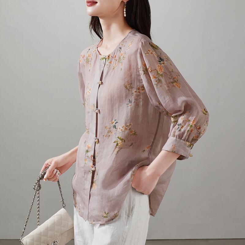 SOFSIL Women s New Chinese Style Floral Print Ramie Shirt XL