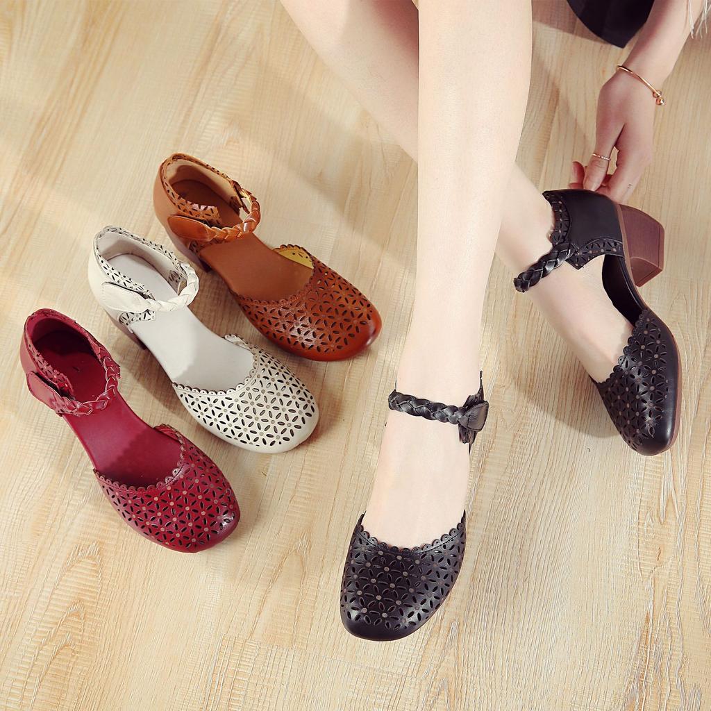 2025 summer casual beef tendon sole women's shoes genuine leather fish mouth sandals women's thick heel soft sole hole shoes