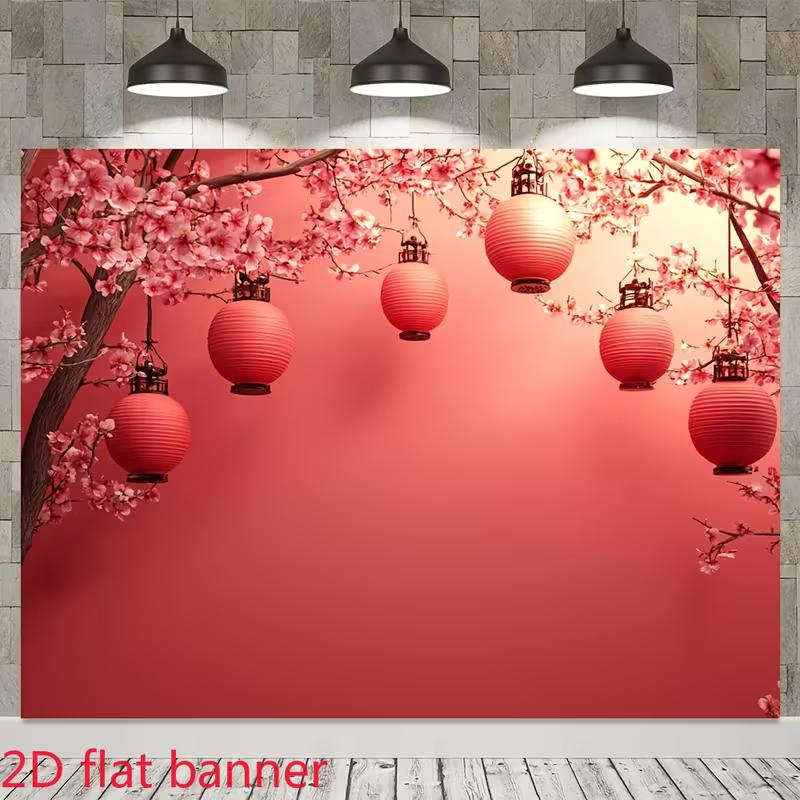 2D Red Oriental Backdrop with Cherry Blossoms and Lanterns for Lunar New Year Celebration