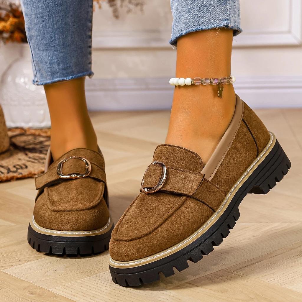 Woman Loafers British Thick Heel Round Toe Woman Shoes Retro Autumn Large Size Shoes Ladies Rubber Outsole Casual Sneakers Women