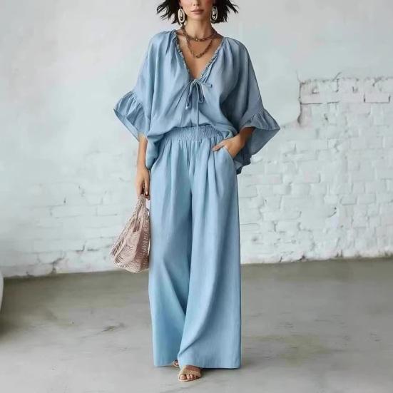 Conjuntos de Verano de 2 Piezas para Mujer, Top con Volantes de Media Manga y Cuello en V a Juego con Pantalones de Pierna Ancha, Conjuntos de Salón para Vacaciones con Bolsillos