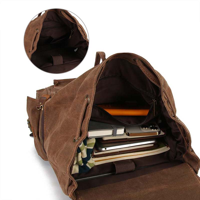 Vintage Distressed Leather Waxed Canvas Backpack Large Capacity Multiple -pockets New Waterproof Drawstring Outdoor Travel Double-Shoulder Bag