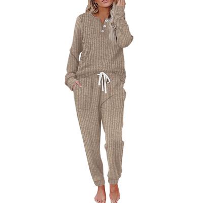Women's Light Brown Long Sleeve V-Neck Loungewear Set with Drawstring Pants