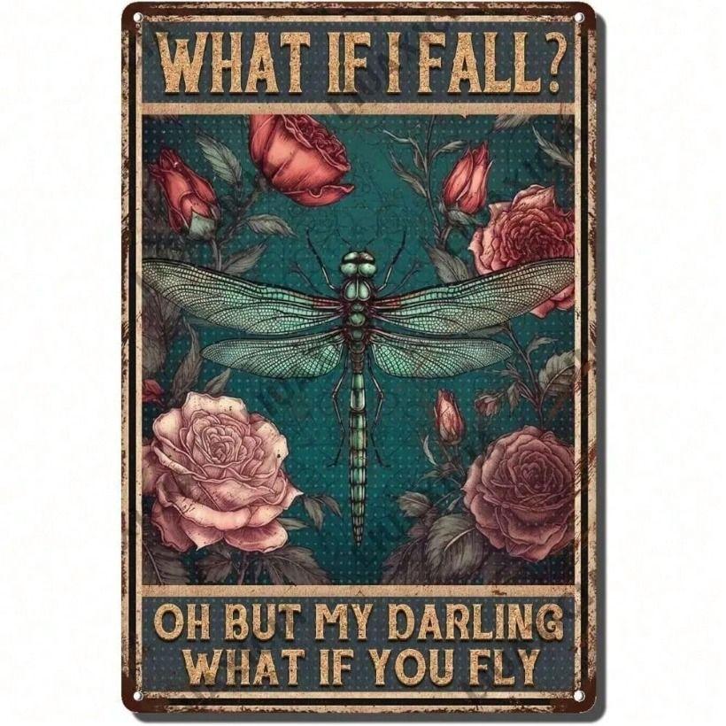 Vintage Metal Poster Wall Art Dragonfly Sign for Bathroom Gift
