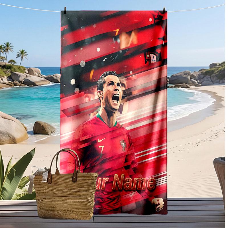 Cristiano Ronaldo Personalized Printed Beach Towel Soccer Logo Support Custom Name Text Absorbent Towel For Sport Travel Special Gift