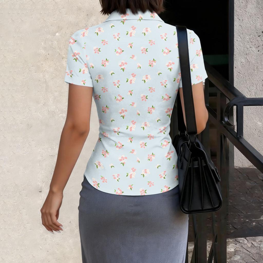 Damen Kurzarm Hemdbluse Slim Fit Knopfleiste Sommer Leichtes Bedrucktes Oberteil für Büro und Freizeit