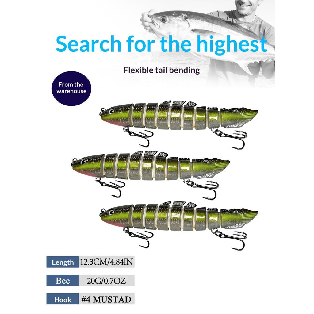 Eight-section bionic pike lure with realistic swimming action. Sharp hooks for solid hooksets, ideal for catching aggressive freshwater predators.