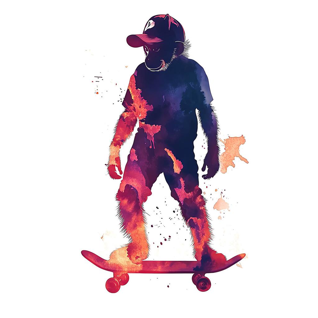 Poster Monkey On a Skateboard Poster Monkey On a Skateboard, 50X70 Cm, Dark Brown Wooden Frame, 230 Gsm Matte Paper