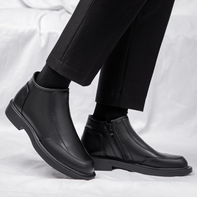 Chelsea Boots Men's 2025 Winter Fleece Leather Martin Boots Men's British Style Side Zipper Low Top Short Boots Tide