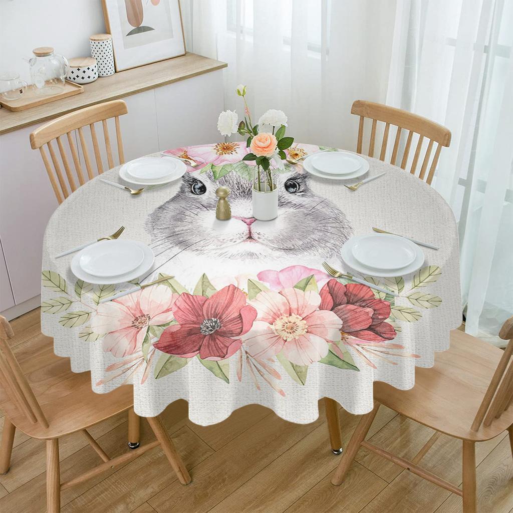 Easter Watercolor Rabbit Flower Round Table Cloth Festival Dining Waterproof Tablecloth Table Cover For Wedding Party Decor