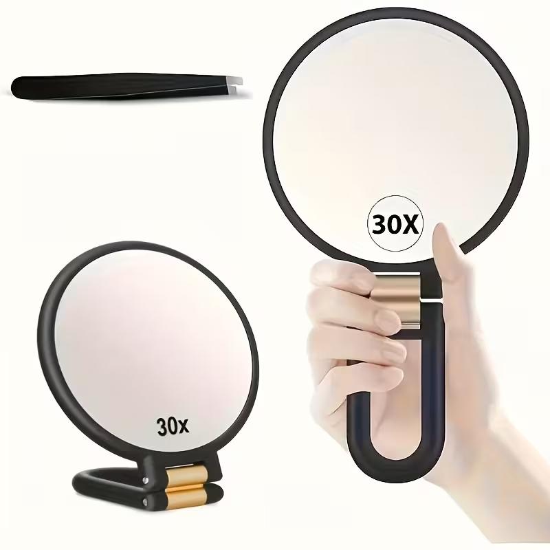 Handheld Makeup Mirror, 30x Magnification, 360 ° Rotating Handle, Foldable and Portable for Travel. Suitable for Eyebrow Shaping