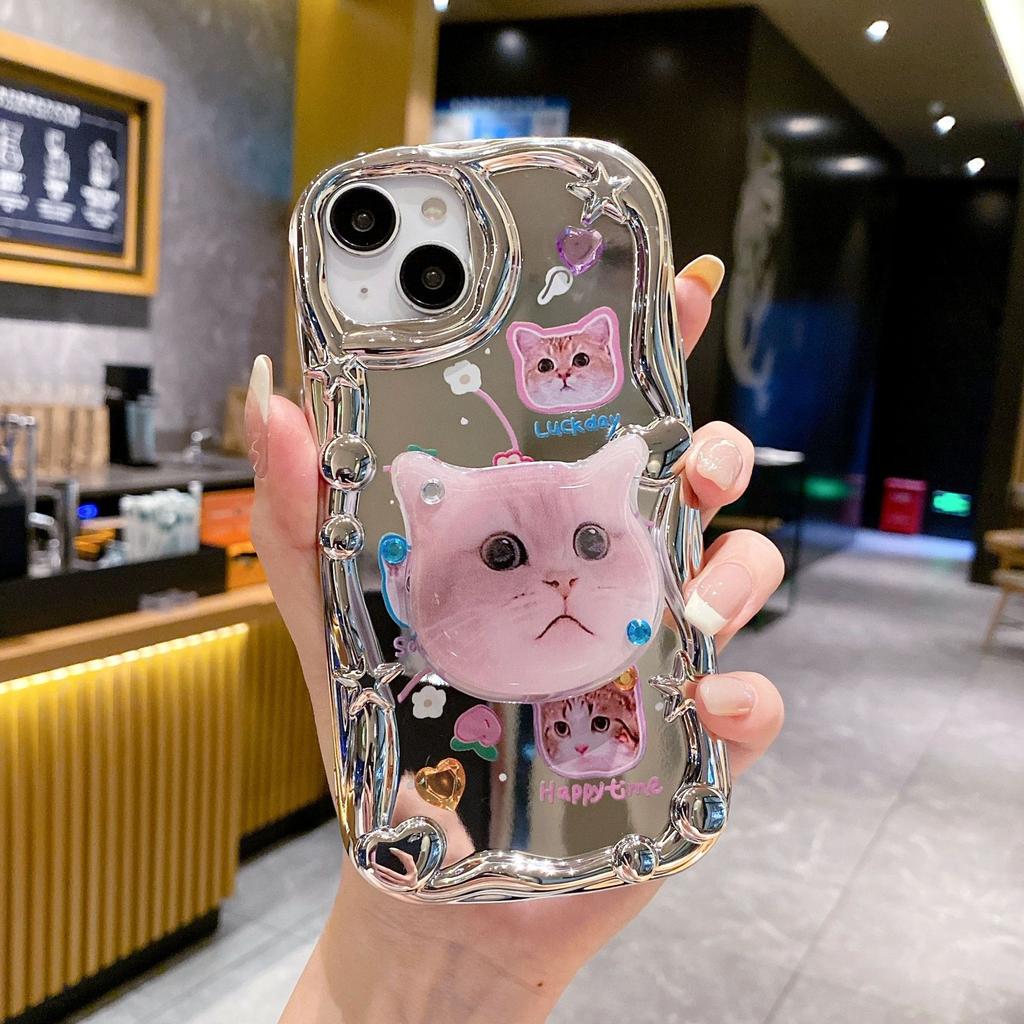 Three Dimensional Wave Electroplating Suitable for Apple 16PRO Cute Cat Phone Case IPhone XR Mirror Flash Drill Soft Case