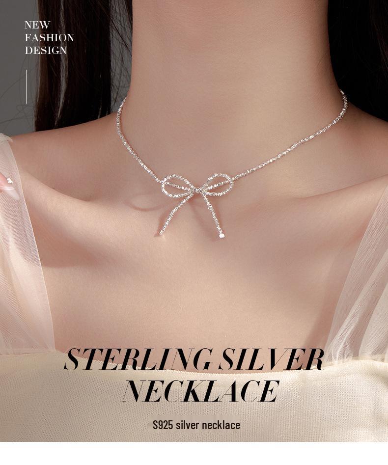 Banyan Tree S925 Silver Bow Necklace - Exquisite Korean Clavicle Chain for Women