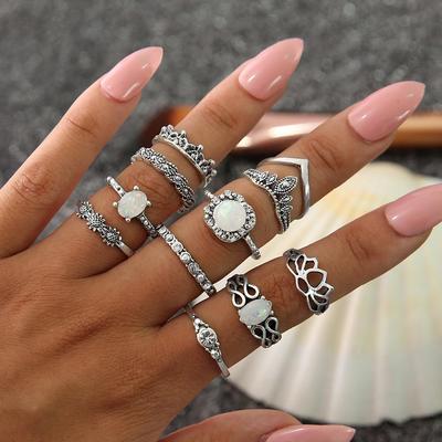 Bohemian Retro Totem Gemstone Openwork Ring Set for Women - 11 Pieces