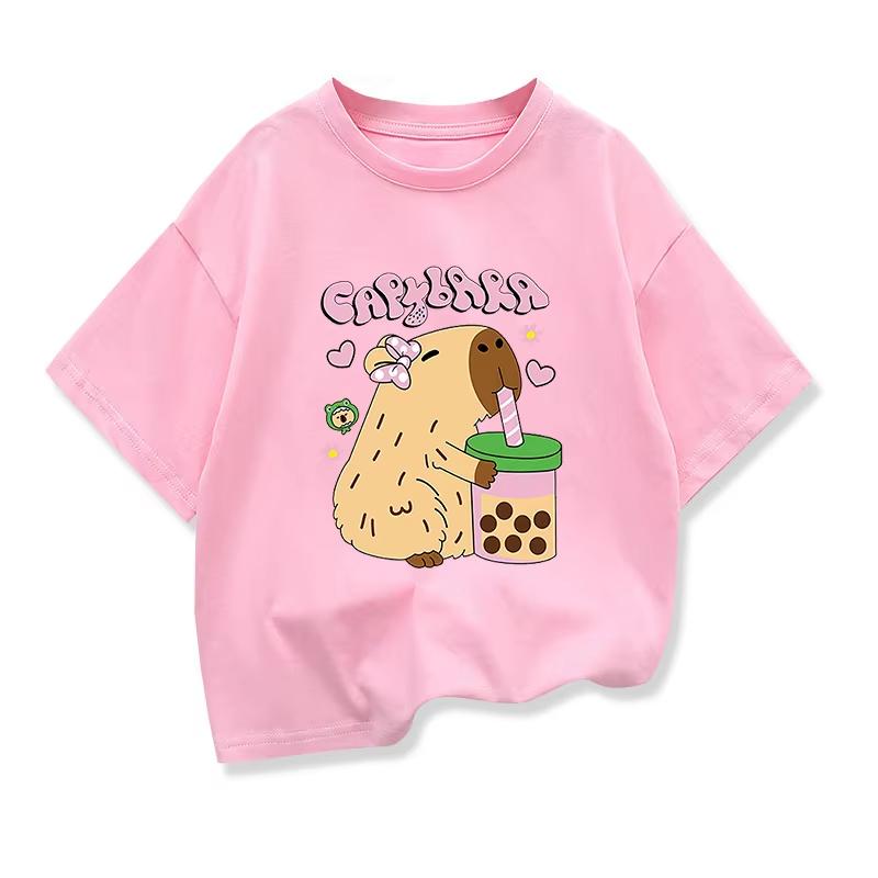 

Summer Children s T-shirt Cute and Fun Kapibala Capybara Milk Tea Print Pure Cotton Round Neck Parent-child Outfit Short Sleeved 160 рожевий
