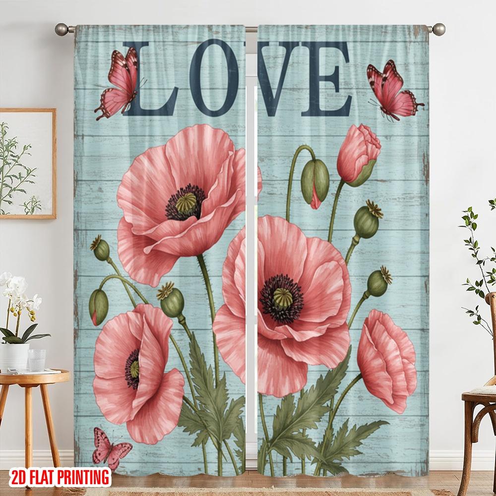 2pcs 2D flat printing Curtain Vintage Poppy Butterflies Love Wall 100% Polyester Without Electricity Festive Wall Decor Perfect