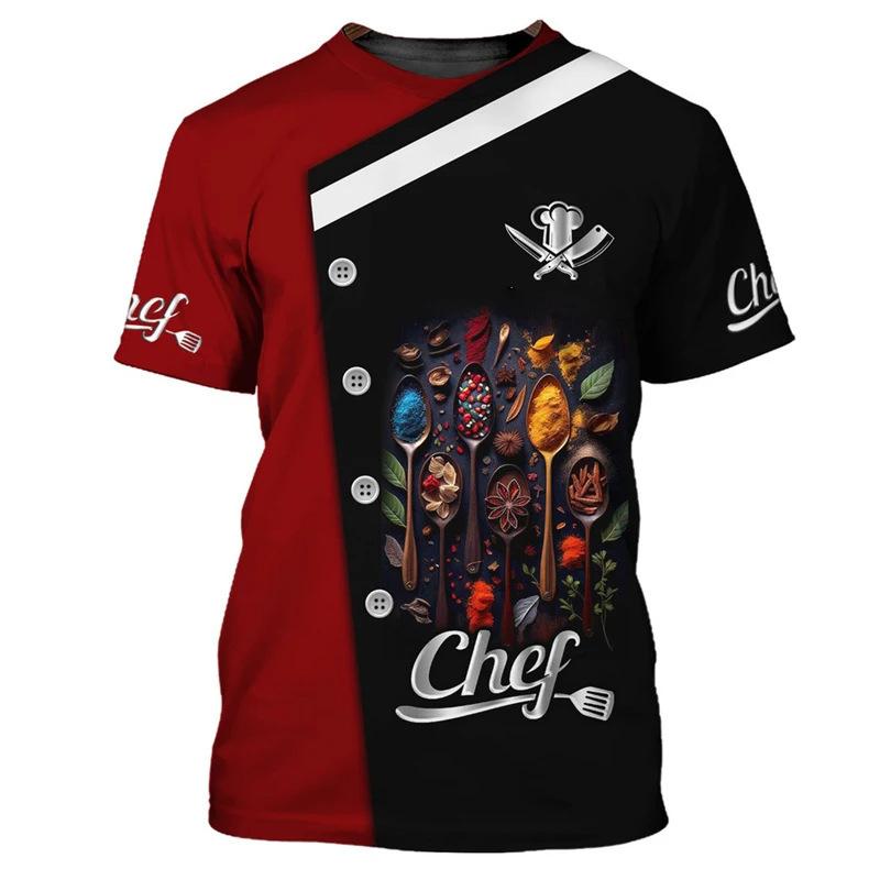 Chef Workwear 3D Printed Cooking Graphic T Shirts Chef Uniform Short Sleeved Harajuku Chef Fashionable Round Neck Top for Men