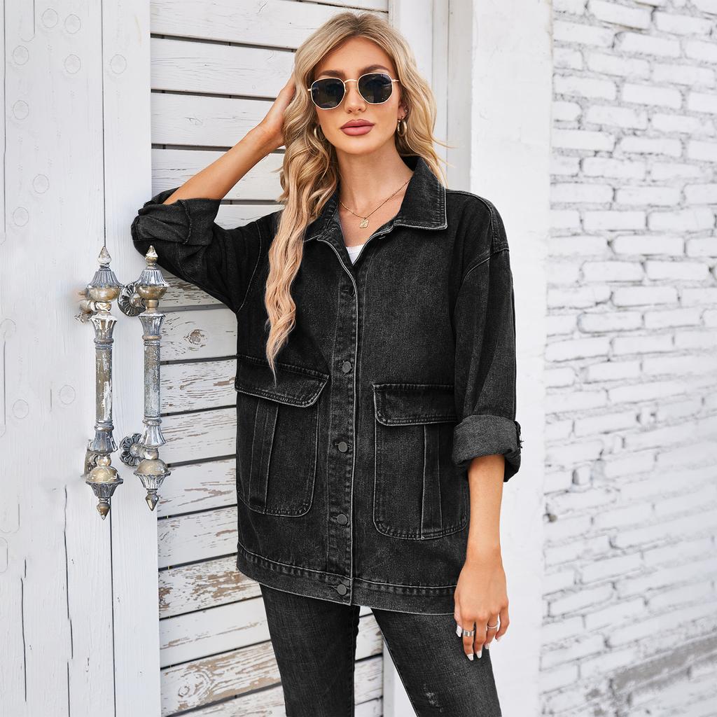 Women Spliced Denim Jacket Lapel Long Sleeve Jean Coat Casual Outerwear
