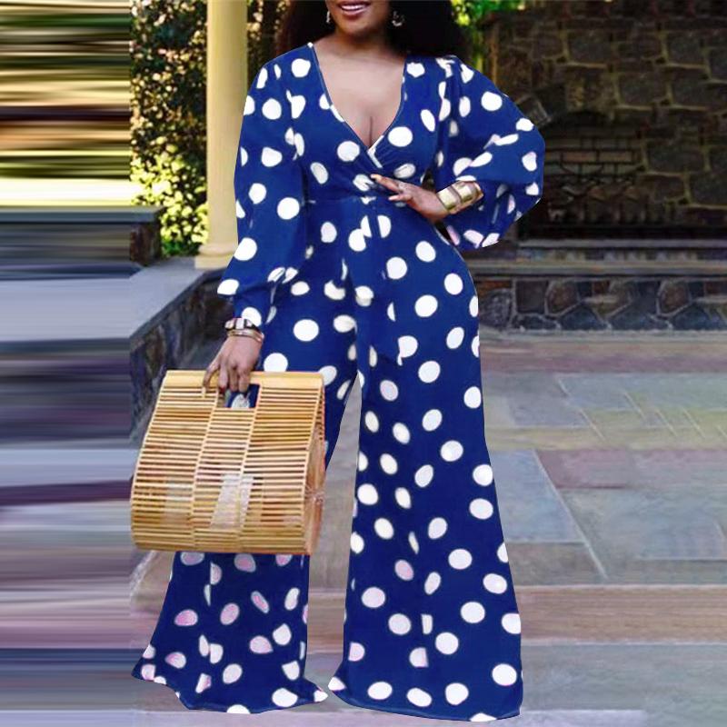 

VONDA Plus Size Women V-Neck Long Sleeve Polka Dot Print Wide Leg Jumpsuits Rompers L синій