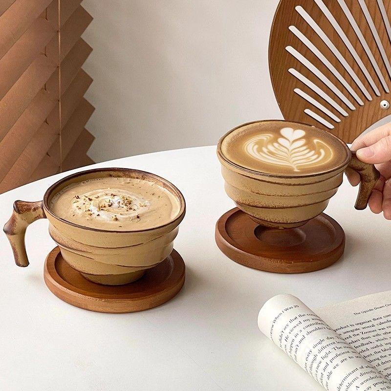 Vintage Ceramic Coffee Mug – Rustic Handmade Latte Cup with Bamboo-Style Design
