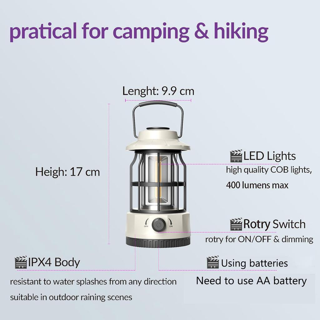 LED Camping Lantern, Vintage Metal Camp Light, Camping Lights, Portable, Outdoor Tent Bulb, Outages
