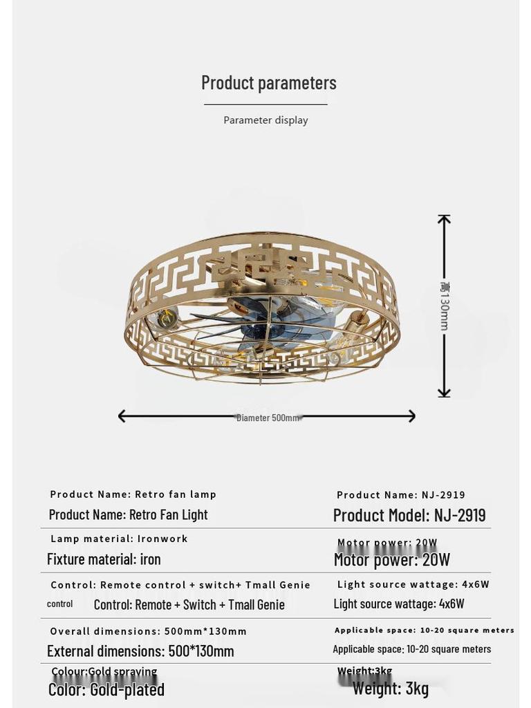 Retro Industrial Style Remote Control Ceiling Fan with Invisible Light and Wrought Iron Finish