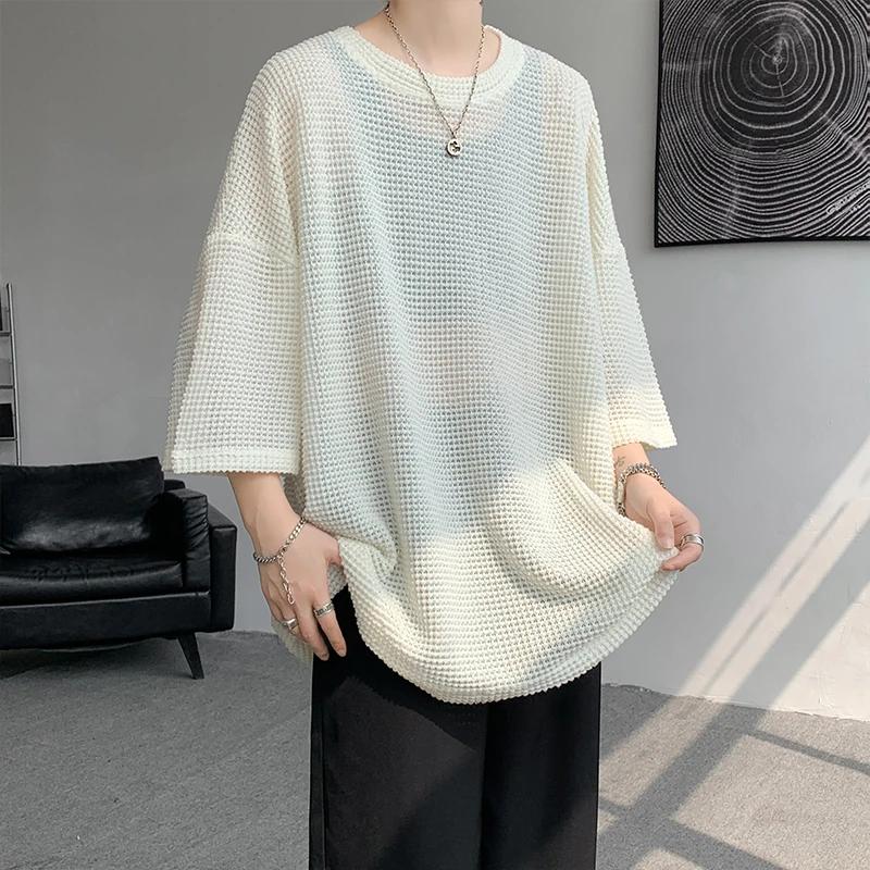 Herren Übergroßes Graues Waffelstrick Rundhals Kurzarm T-Shirt