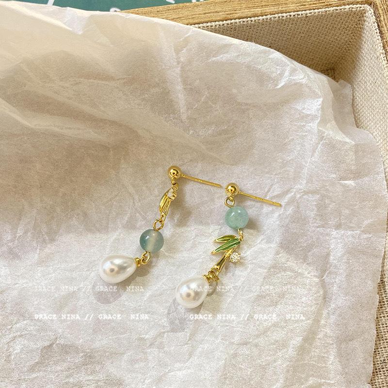 Green Bamboo Drizzle~ New Chinese Ancient Green Bamboo Leaf Pearl Earrings Niche Design Exquisite National Style Versatile Ear Jewelry