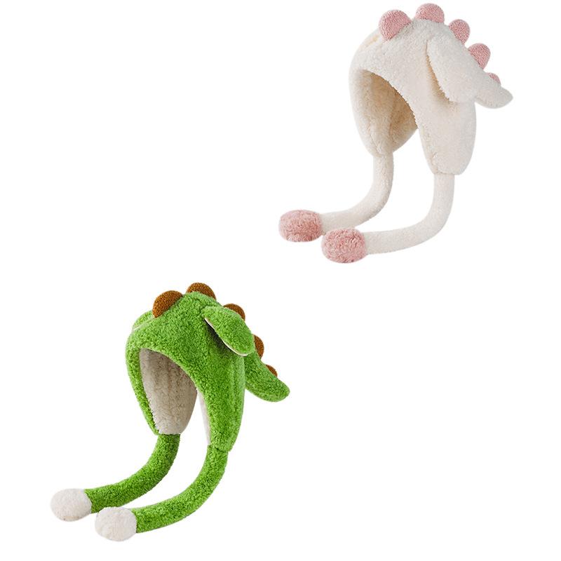 Cute cartoon pullover hat dinosaur integrated hat autumn and winter thickened plush hat thermal ear hat children