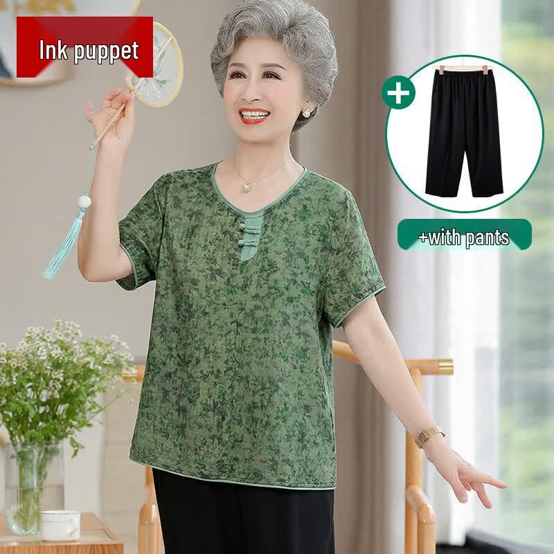 Elderly Women's Floral Cotton Short Sleeve Top