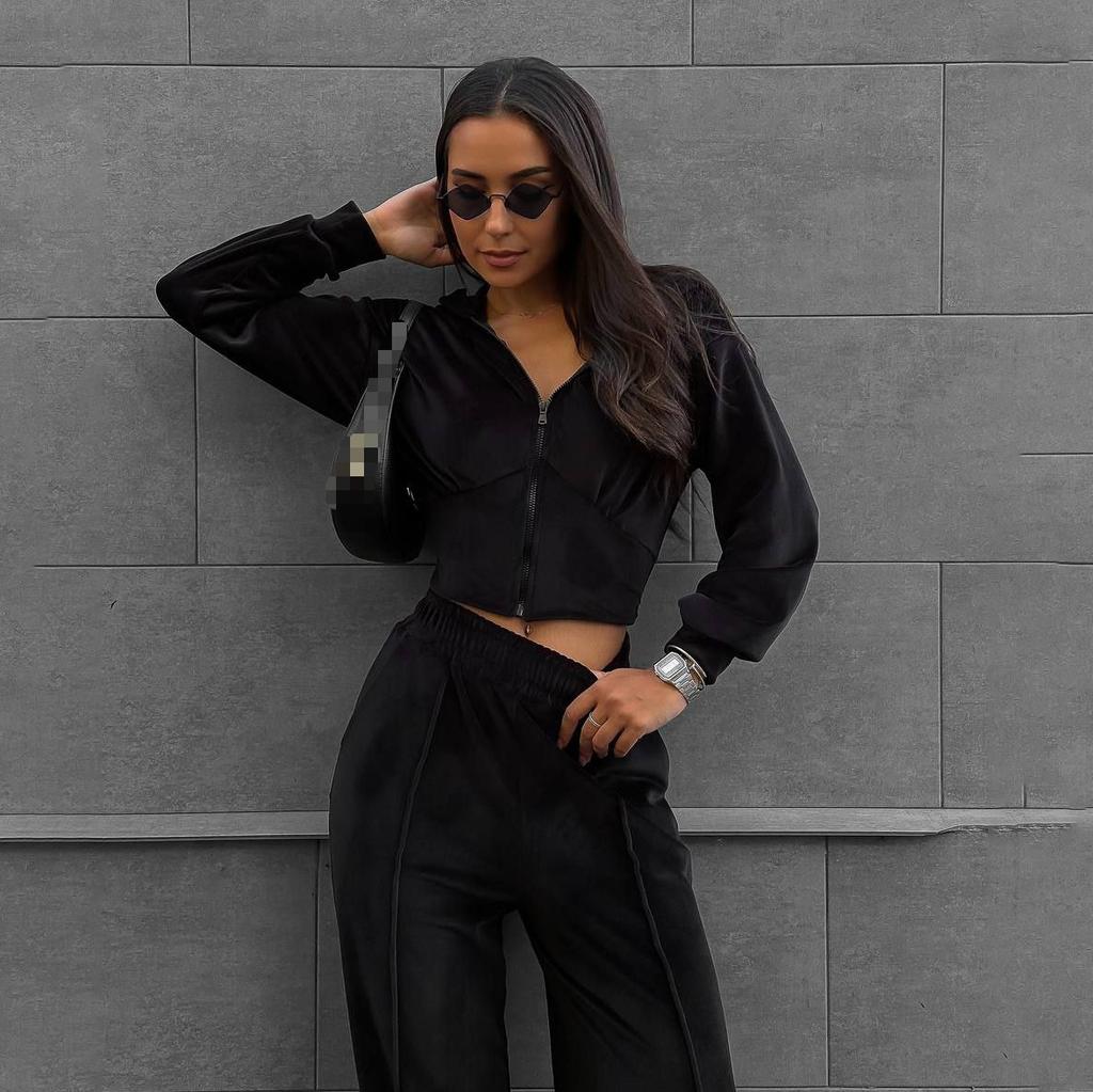 Spice Girl Waist Solid Color Slim Zipper Velvet Jacket Suit Street Style Fashionable Versatile Casual Trousers Women