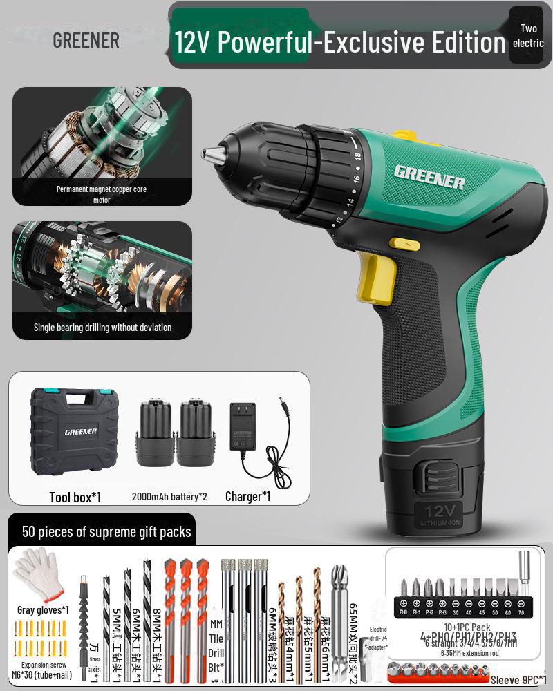 Green Forest Rechargeable Lithium Hand Drill - Multi-Function Electric Screwdriver for Household & Wall Drilling