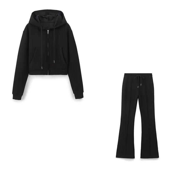 

Расклешенные брюки комплекты женские 2 шт 2025 новая мода толстовка с капюшоном пальто женский костюм повседневный комплект из двух частей женские наряды L чёрный