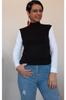 Women's Style Big Size T-Shirt Black Half Turtleneck Combed Cotton Viscose T-Shirt With White Color Block On Sleeves