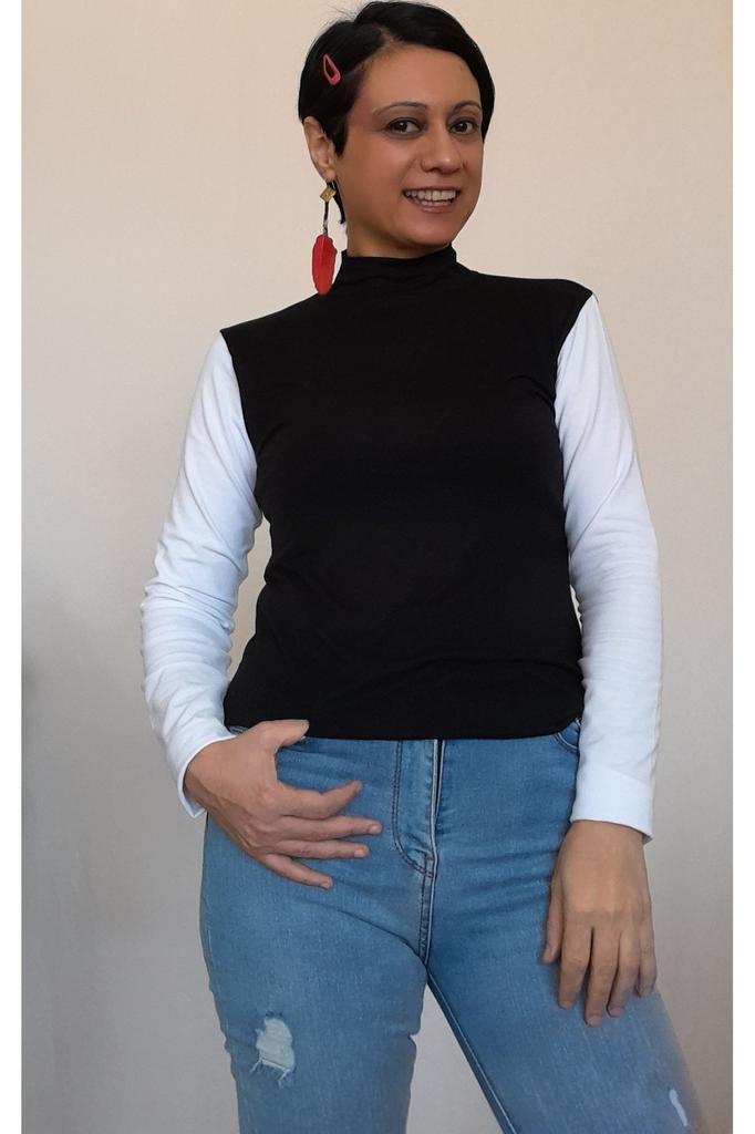 Women's Style Big Size T-Shirt Black Half Turtleneck Combed Cotton Viscose T-Shirt With White Color Block On Sleeves