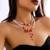 Vintage Goth Imitation-Pearl Tassel Pendant Choker Necklace Clip Earring for Women Wedding Red Beads Chain Halloween Jewelry Set