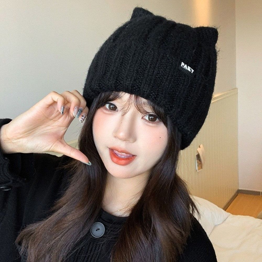 Windproof Knitted Pullover Hat Wool Women Beanie Hats Cute Cat Ears Hat  Female