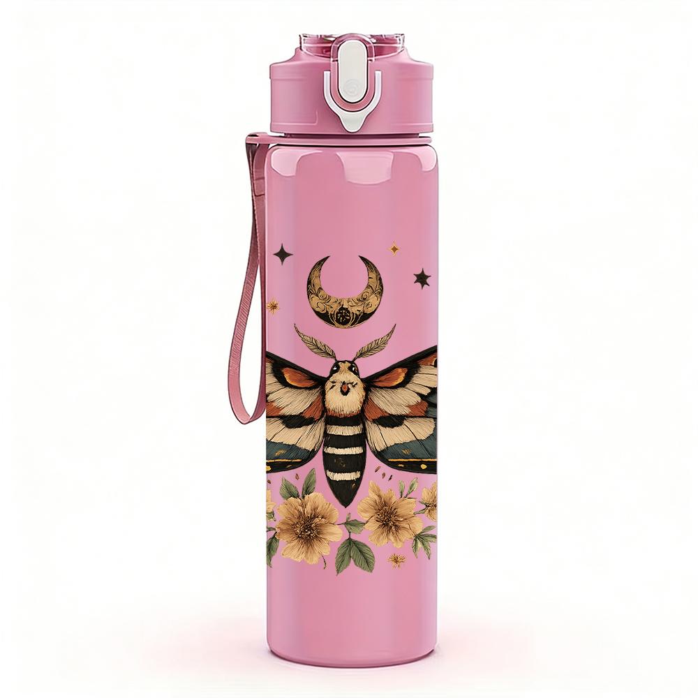 1PC Moth Sunflower Botanical Motif 750ml Color Plastic Sports Water Bottle Leakproof Flip Straw Lid For Sports Office Home Use