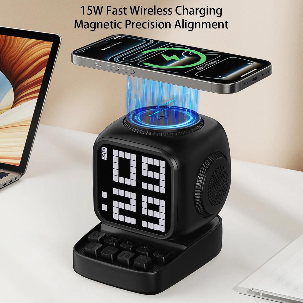 Wireless Charger Stand Retro Pixel Art Bluetooth Portable Speaker Alarm Clock LED Display Board Cute Gift Home Light Decoration