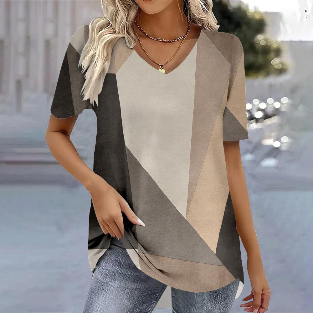 Summer V-neck Geometric & Abstract Pattern 3D Printed Top Fashionable Casual Short Sleeved Women's T-shirts