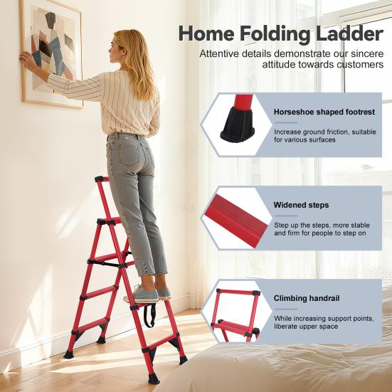 Aluminum Telescoping Ladder, 4 Step Ladder, Foldable Safety Household Ladder with Air Cushion & Anti-Slip Feet, Herringbone Design Ladder for Home
