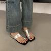 Fashion SUOJIALUN 2024 Summer New Brand Women Slipper Fashion Gold Ladies Elegant Slides Square Low Heel Dress Casual Flip Flops Shoes