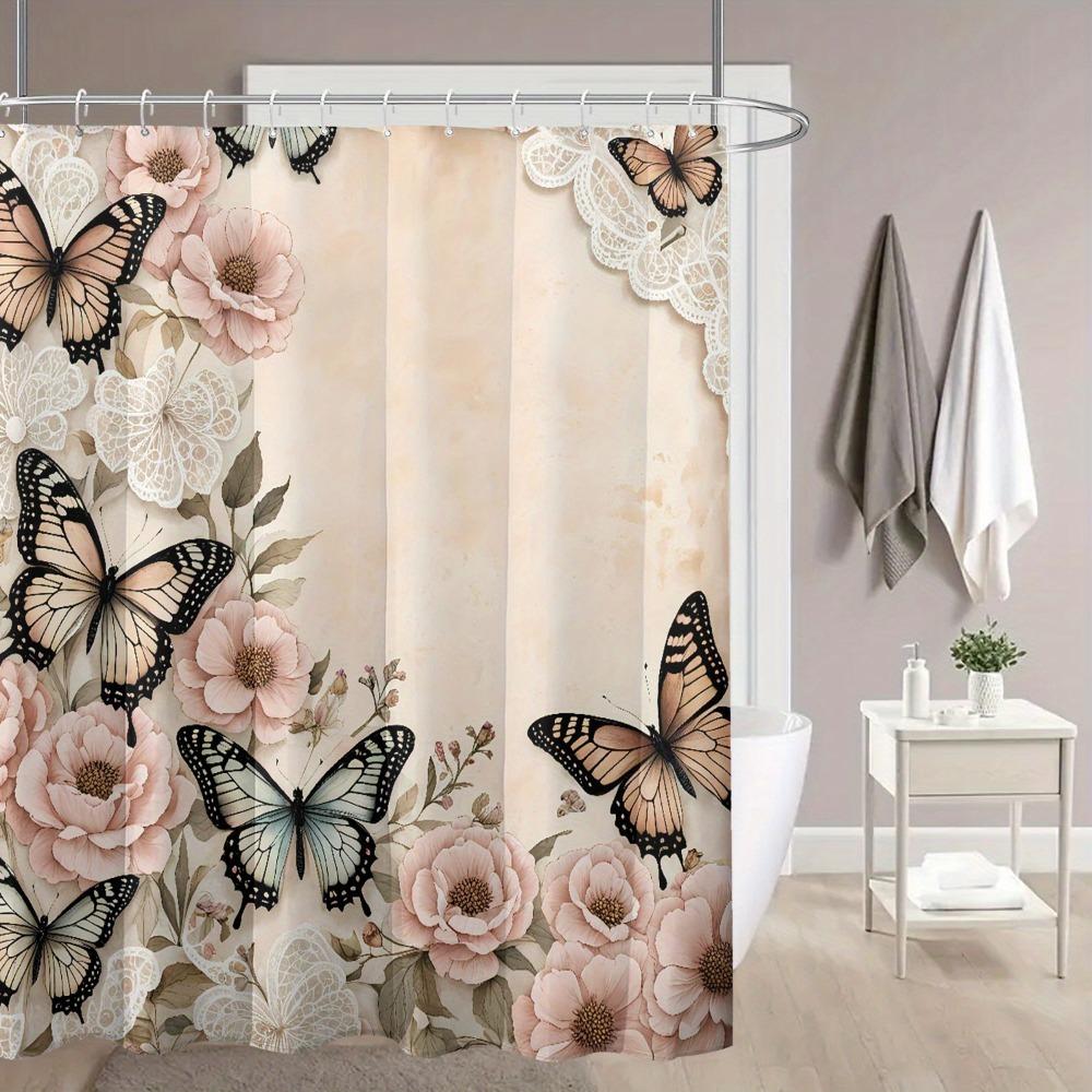 Modern Floral Printed Bathtub Curtain Metal Buttonhole Bath Sheer Dormitory
