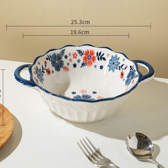 Ceramic Household 10 Inch High Aesthetic Double Ear Soup Bowl Anti Scald Relief Soup Bowl Underglaze Color Process