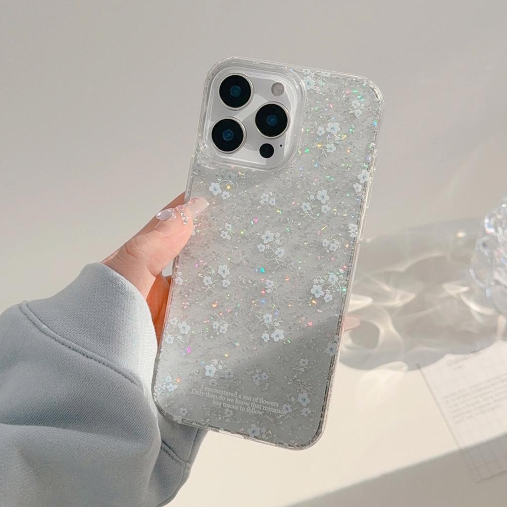 Zarte Blaue Blume für Apple 16 Promax Handyhülle 17 Glitzer für iPhone 15 Durchsichtig