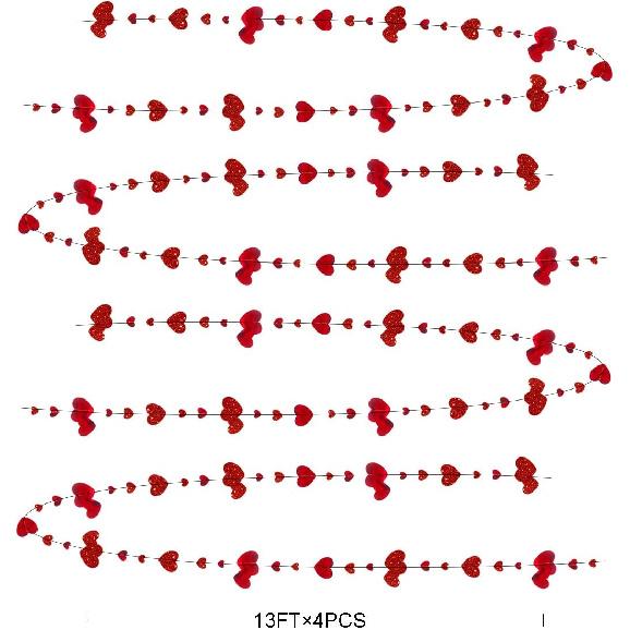 52Ft Valentines Day Party Decorations Red Heart Garland Metallic Glitter Hanging Heart Streamer Banner for Anniversary Mother's Day Engagement