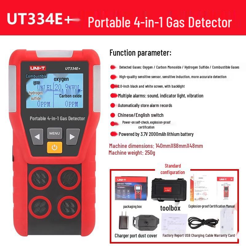 UNI-T UT334E+ 4-in-1 Gas Detector: O2, CO, H2S & Combustible Gas Alarm