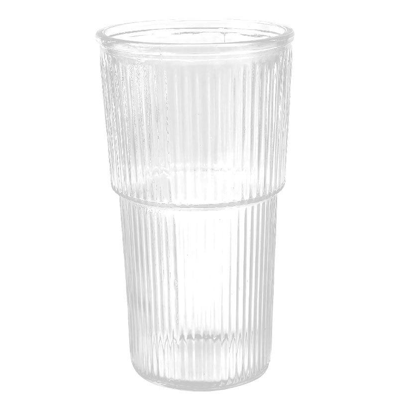 Vertical Stripe Glass Cup, Large Size with Lid & Straw - Ideal for Cold Drinks and Coffee.