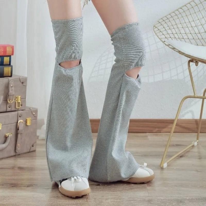 Women Punk Hollowed Out Thgh High Flared Leg Warmers Over Knee Long Socks Solid Color Leg Covers Stockings Streetwear
