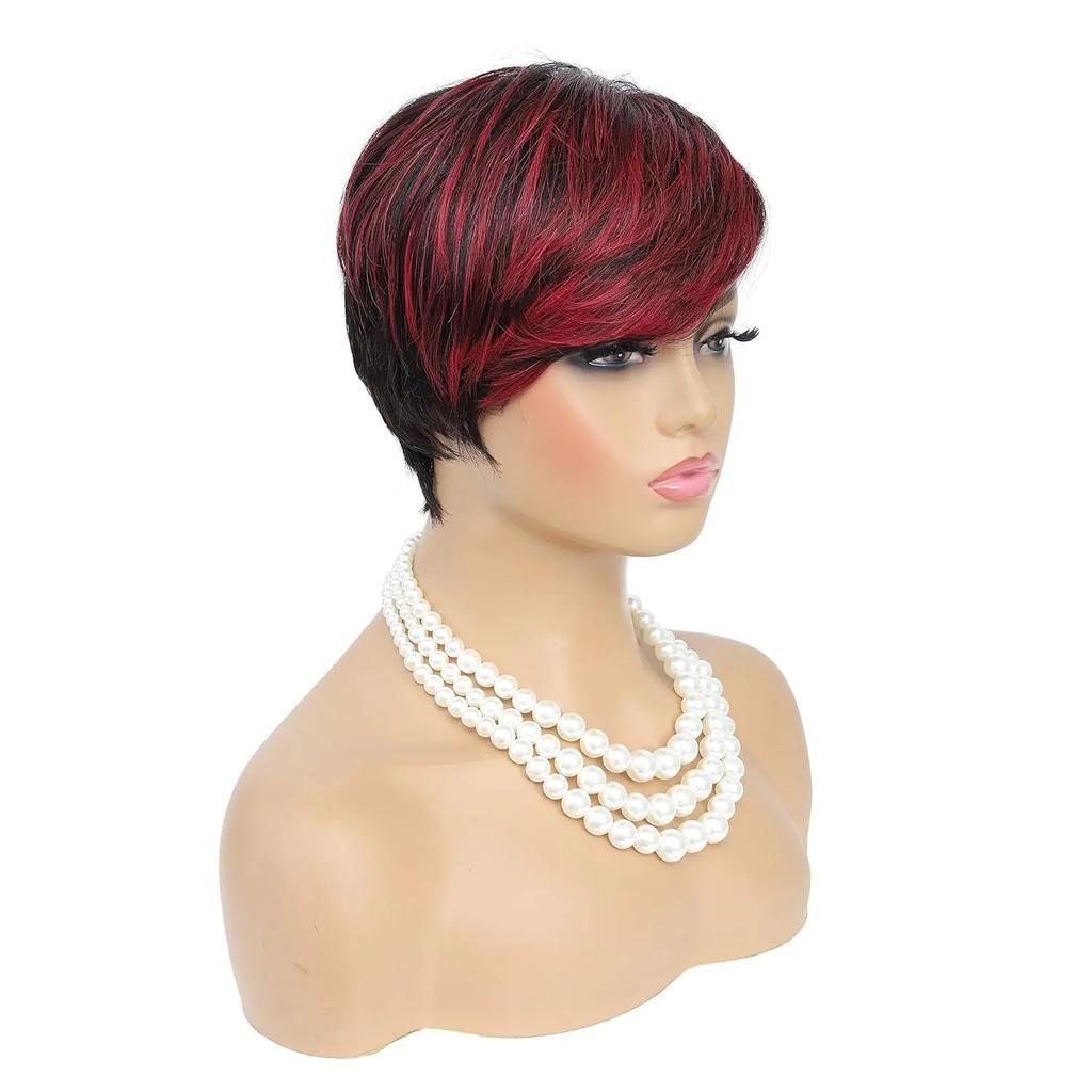 Parrucca Tagliata per Donne Nere Parrucca Taglio Corto Nero Misto con Rosso Parrucche Ricci Nere Miste Rosse Parrucca Pixie Cut Nero Naturale Misto Rosso Sintetica Corta
